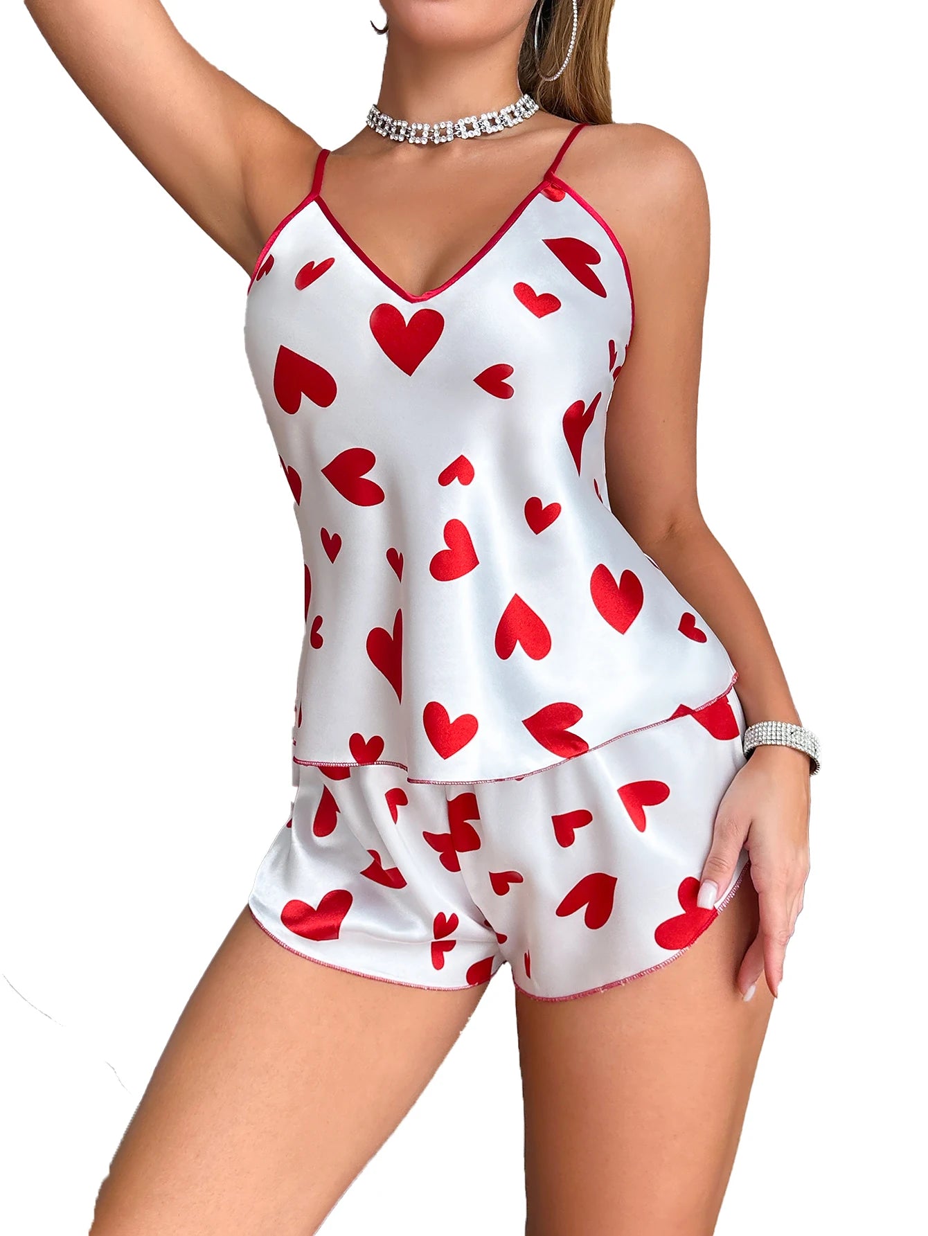 Women'S 2 Piece Valentine'S Day Pajamas Set Heart Print Nightwear V Neck Sexy Fashion Ladies Shorts Loungewear for Romantic Date