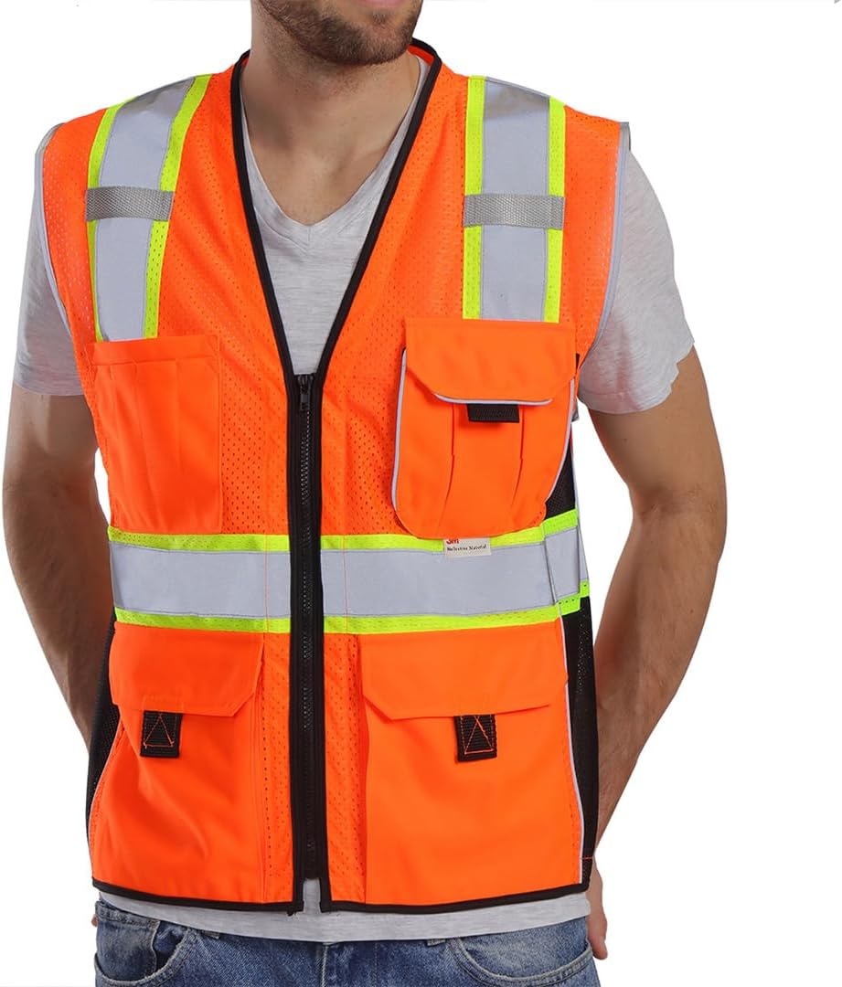 Reflective Vest Orange Mesh, High Visibility Vest with Pockets and Zipper, ANSI Class 2 Heavy Duty, Made with 3M Reflective Tape, 2XL