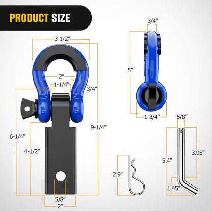 Shackle Hitch Receiver 2Inch 45000 Lbs Breaking Strength 3/4" D Ring Trailer Pin Heavy Duty Solid Recovery Towing Kit for Trucks Jeeps Off-Road