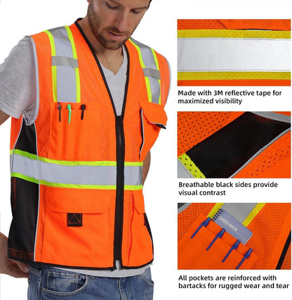 Reflective Vest Orange Mesh, High Visibility Vest with Pockets and Zipper, ANSI Class 2 Heavy Duty, Made with 3M Reflective Tape, 2XL