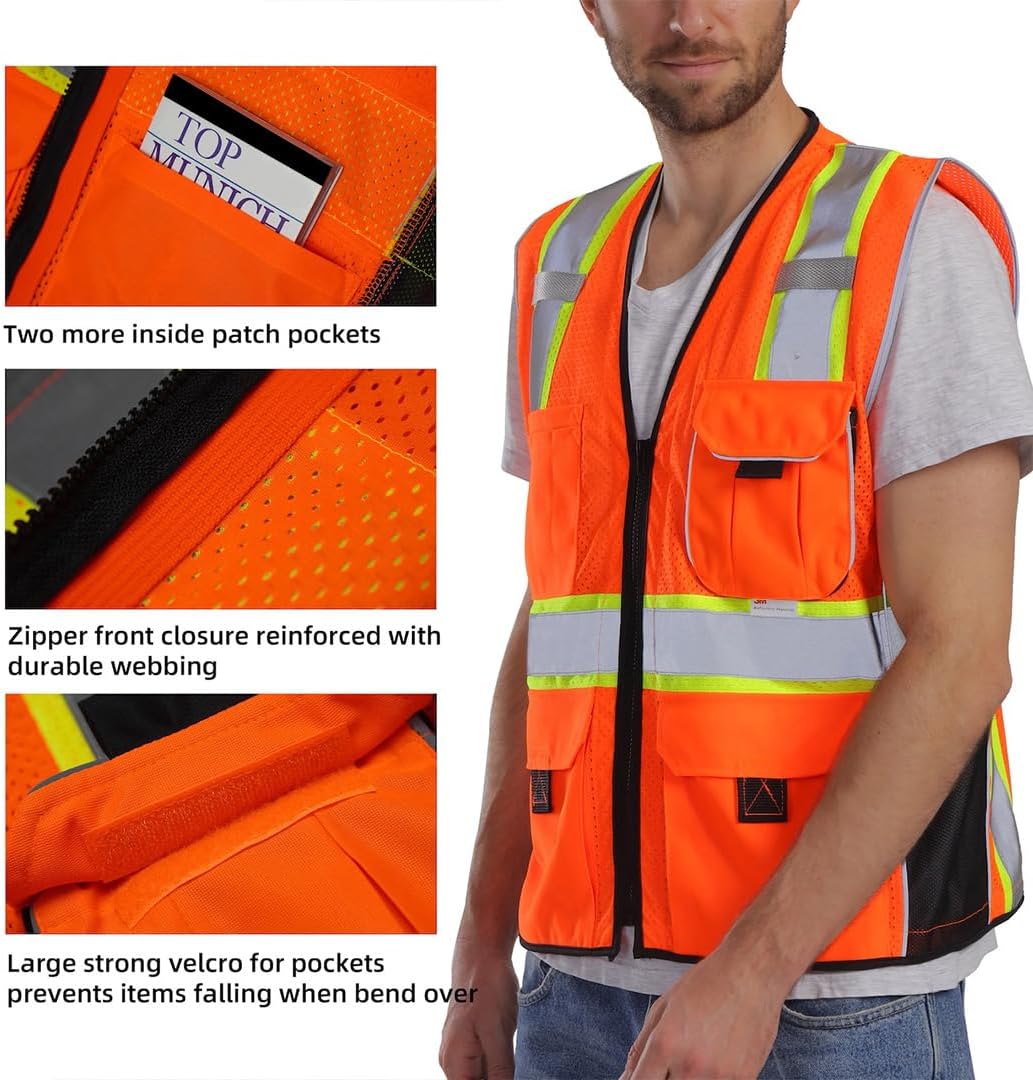 Reflective Vest Orange Mesh, High Visibility Vest with Pockets and Zipper, ANSI Class 2 Heavy Duty, Made with 3M Reflective Tape, 2XL