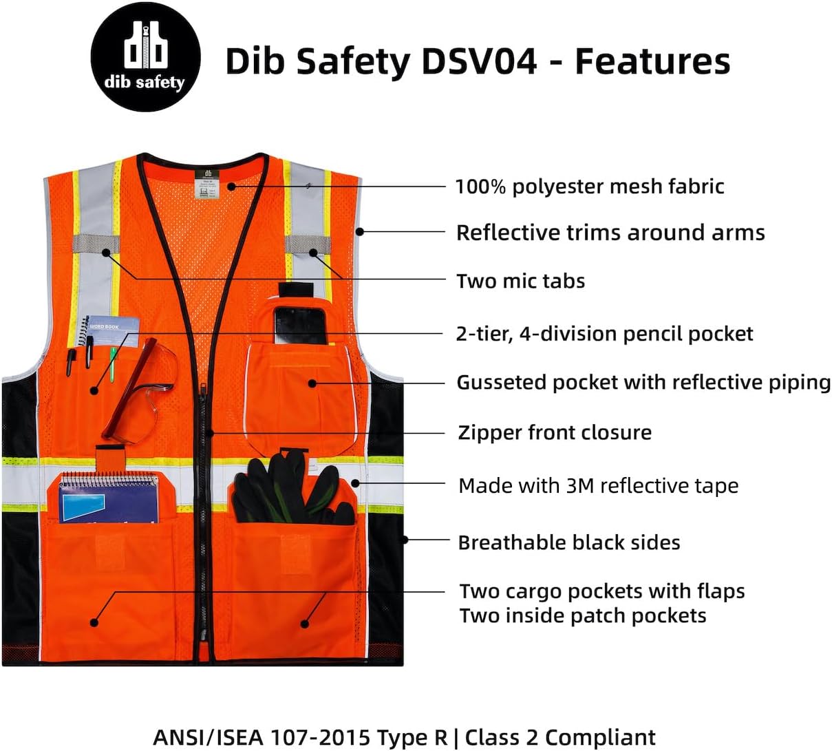 Reflective Vest Orange Mesh, High Visibility Vest with Pockets and Zipper, ANSI Class 2 Heavy Duty, Made with 3M Reflective Tape, 2XL