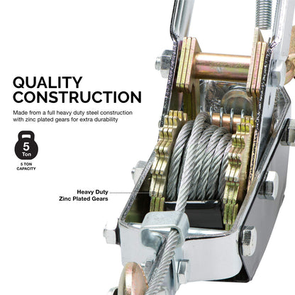 02256A Come along Winch, 5-Ton (10,000 Lbs) Pulling Capacity, 10Ft, 3 Hook, Heavy Duty Power Cable Come along Tool with Dual Gears, Hand Winch Cable, Automotive Hoist Winch Puller, Recovery Gear