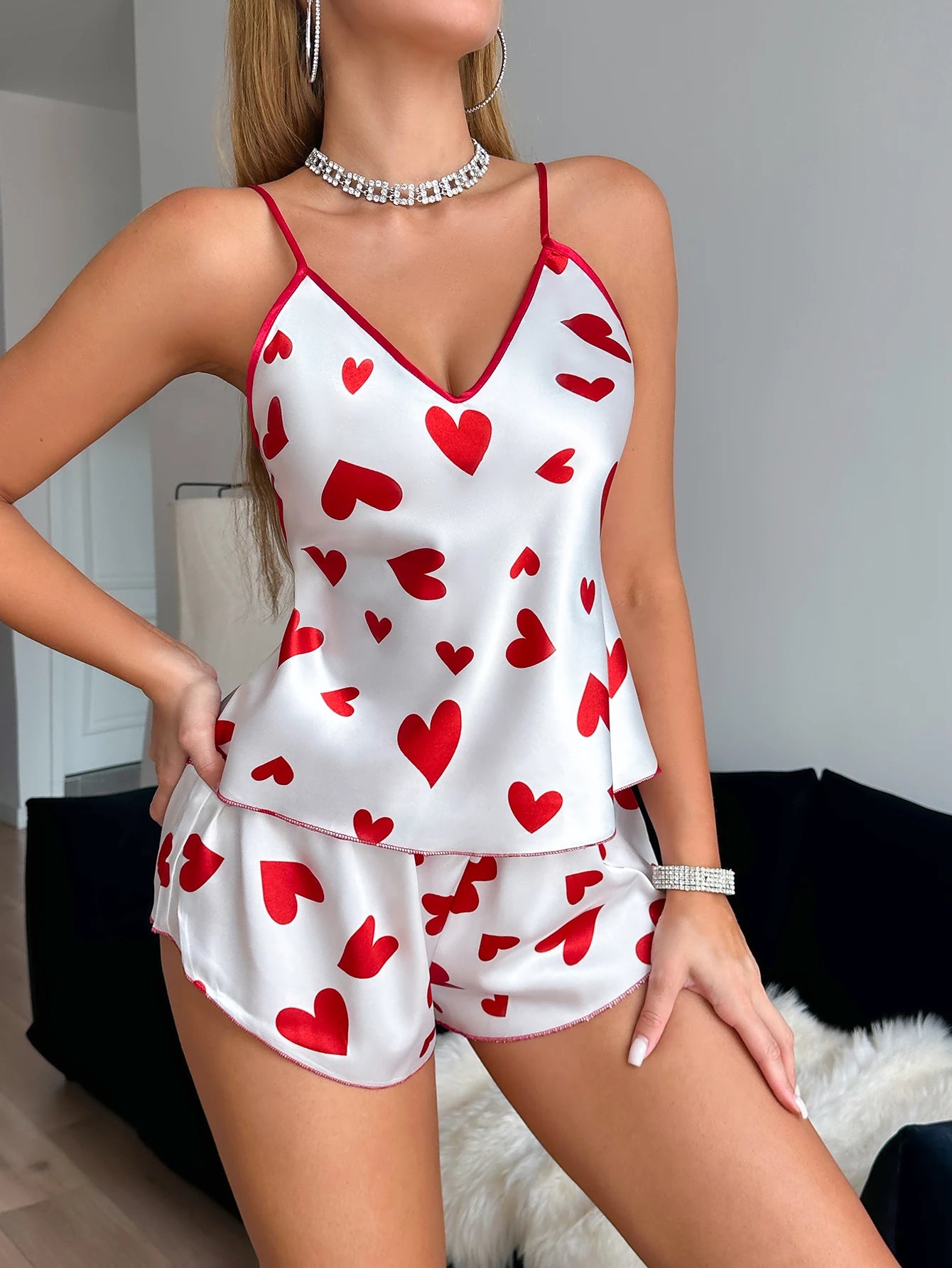 Women'S 2 Piece Valentine'S Day Pajamas Set Heart Print Nightwear V Neck Sexy Fashion Ladies Shorts Loungewear for Romantic Date