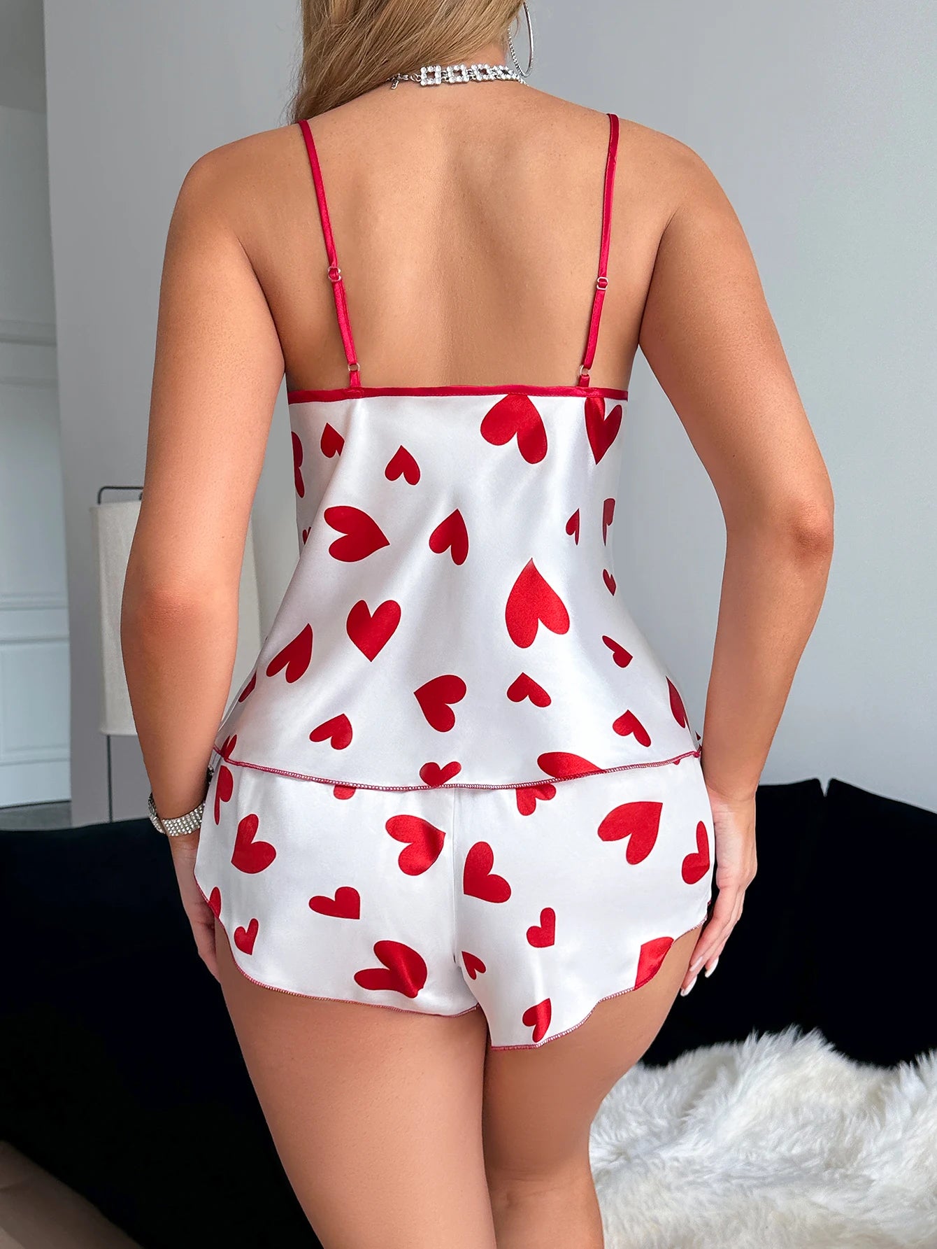 Women'S 2 Piece Valentine'S Day Pajamas Set Heart Print Nightwear V Neck Sexy Fashion Ladies Shorts Loungewear for Romantic Date